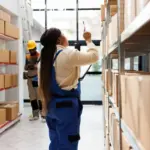 Trabajadora organizando productos en un almacén, una imagen relacionada con el trabajo de dependienta sin experiencia.