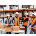 Profesionales en un almacén preparando pedidos y coordinando tareas de trabajo en logística.
